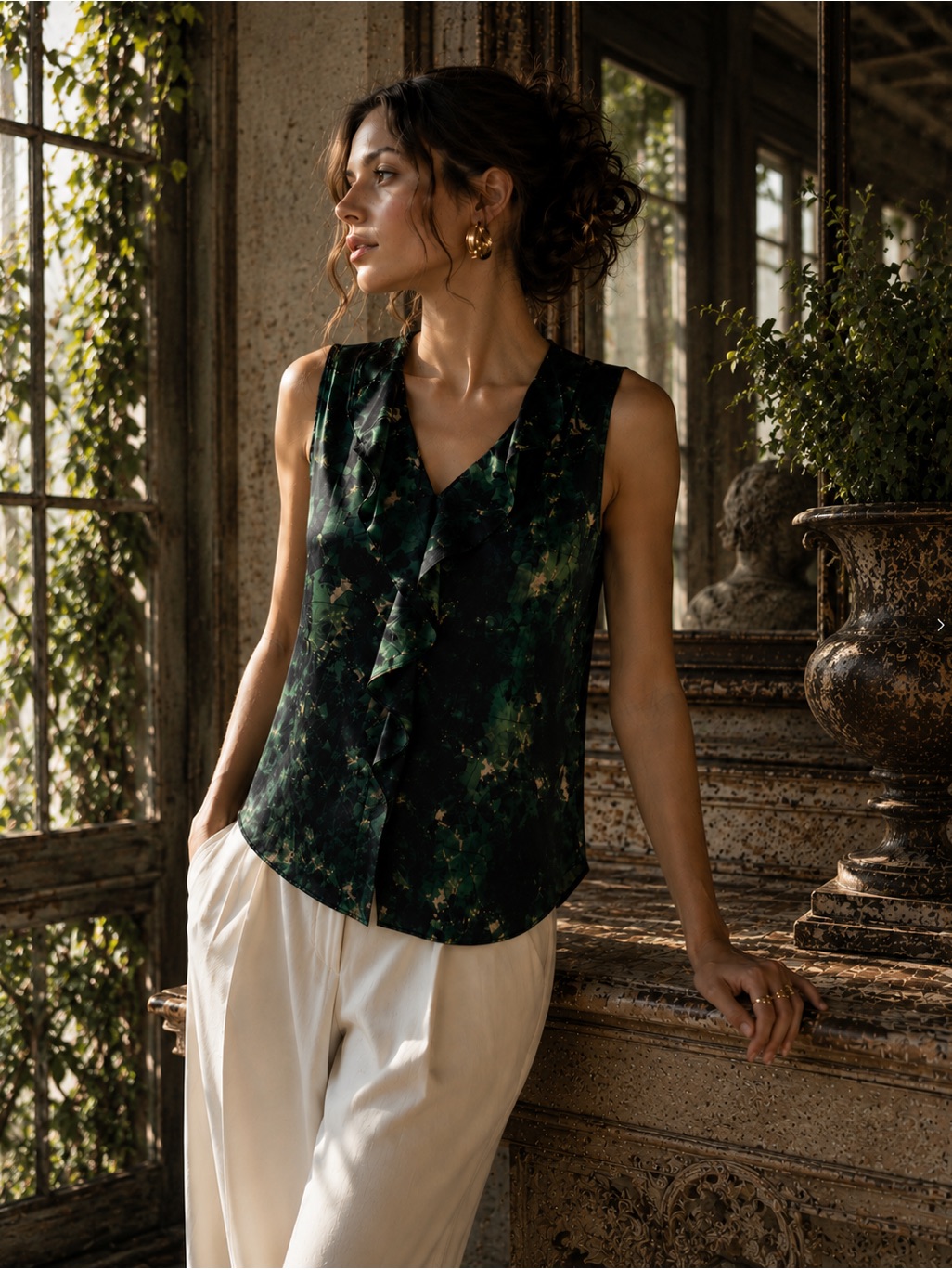Elie Tahari Nordstrom Green Floral Satin Ruffle Shell Top Silk Blend S
